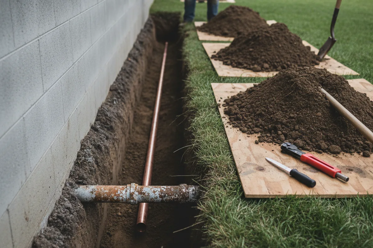 Excavated water line trench during Sewer Line Repair in Lavon